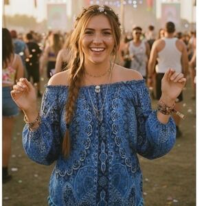 Chaser top S Blue 100% Silk Boho Tribal 70's‎ Pom Poms Peasant Festival
Vacation